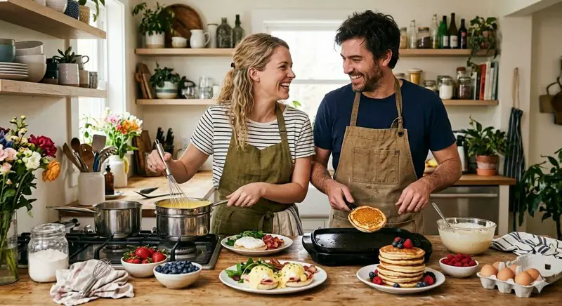 Casal preparando o café da manhã juntos