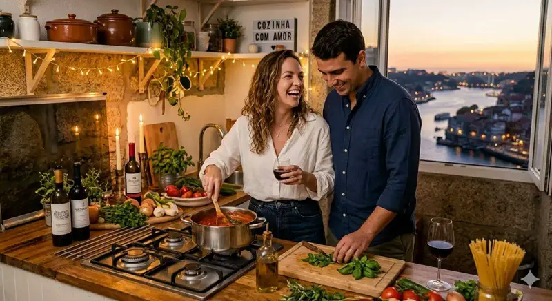 Casal cozinhando junto em casa