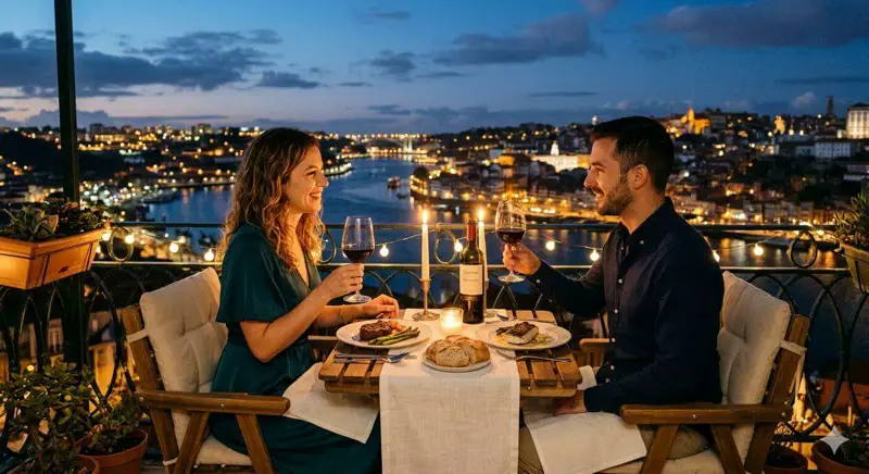 Casal jantando num restaurante com vista