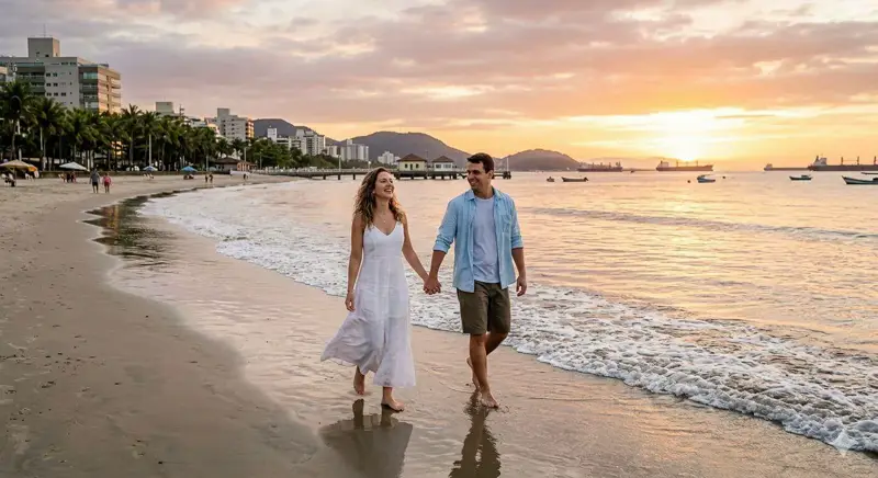 Casal caminhando na praia no pôr do sol